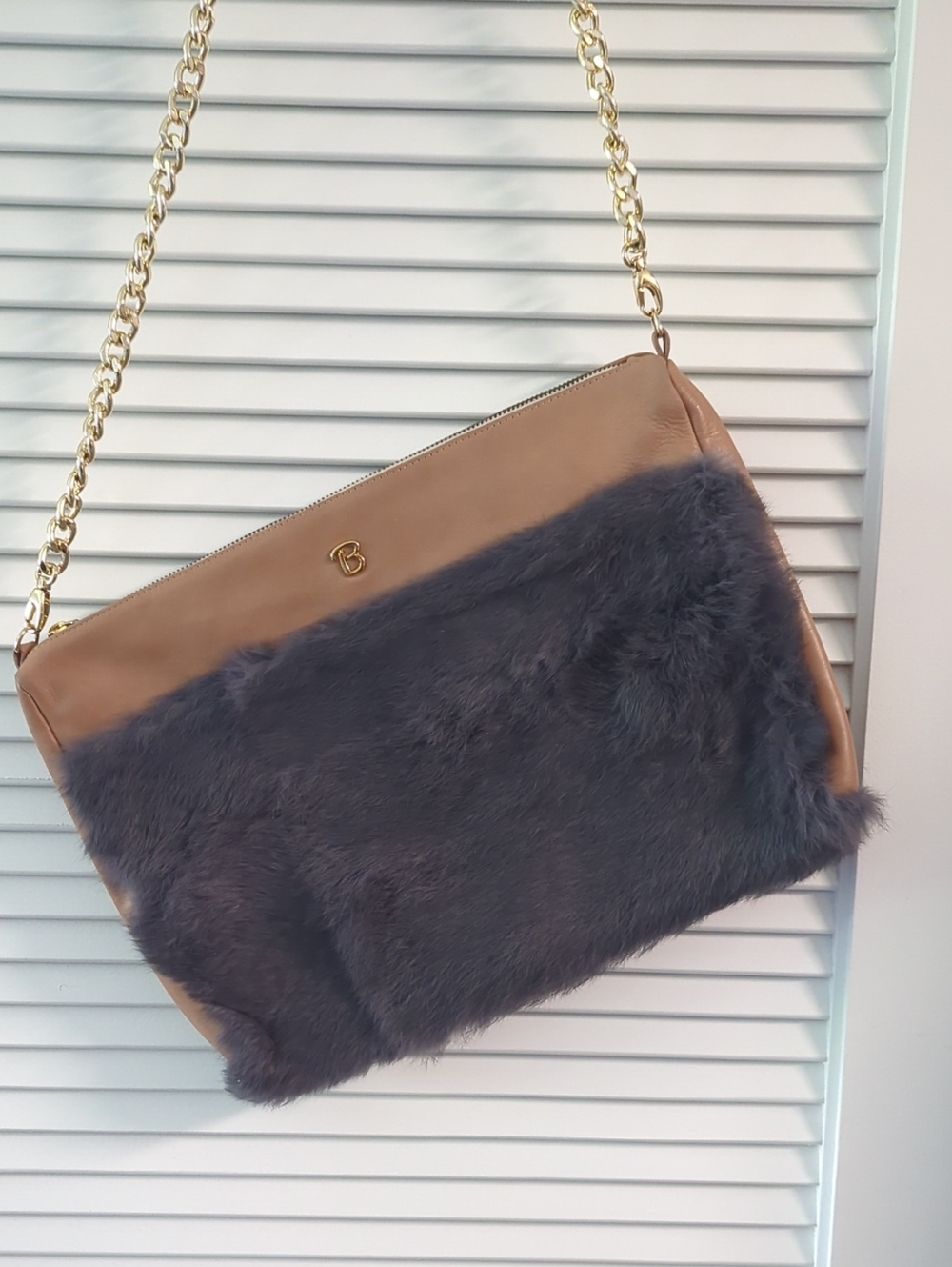 Beneditas Fur & Leather Panel Shoulder Bag in Brown and Gray